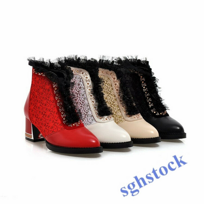 Womens Gladiator Low Block Heel shoes Ankle Boots Mesh Lace Crystal Zip Punk New