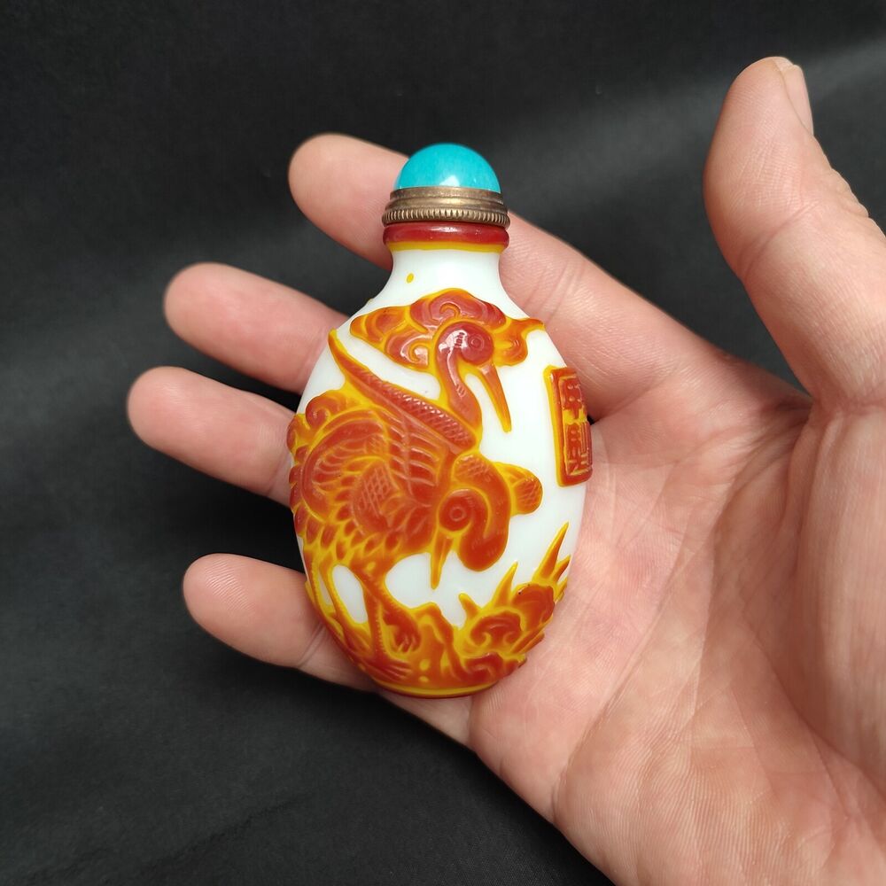 Chinese Crane Statue Carved Glass Snuff Bottle Orane Sculpture dragon kylin Rare