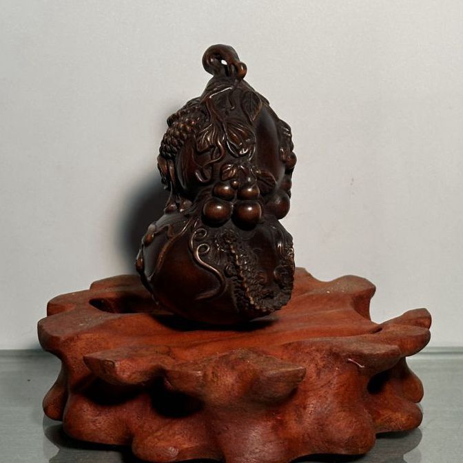 Chinese Boxwood Carved Dragon Gourd Statue Wooden Figurines Art Gift Collection
