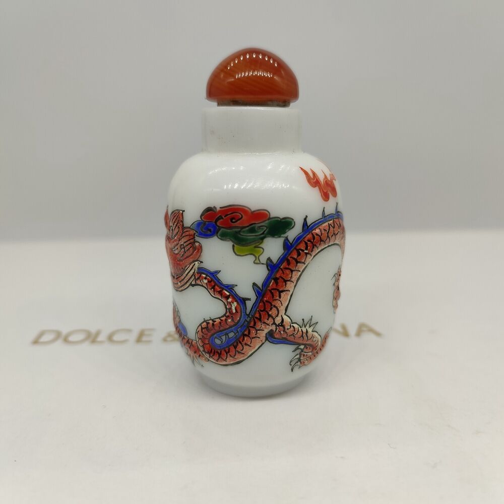 Chinese Beijing Carved Glass Snuff Bottle Dragon Statue Loong Figurines Box Rare