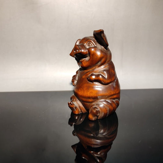 Chinese Antique Wooden Statue Carving Boxwood cute pig sculpture wood Gift zen