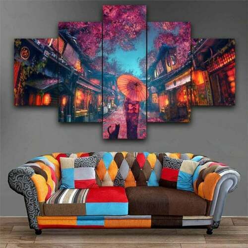 Japanese Kimono Girl Cat Street 5 Piece canvas Wall Art Print Poster Home Decor