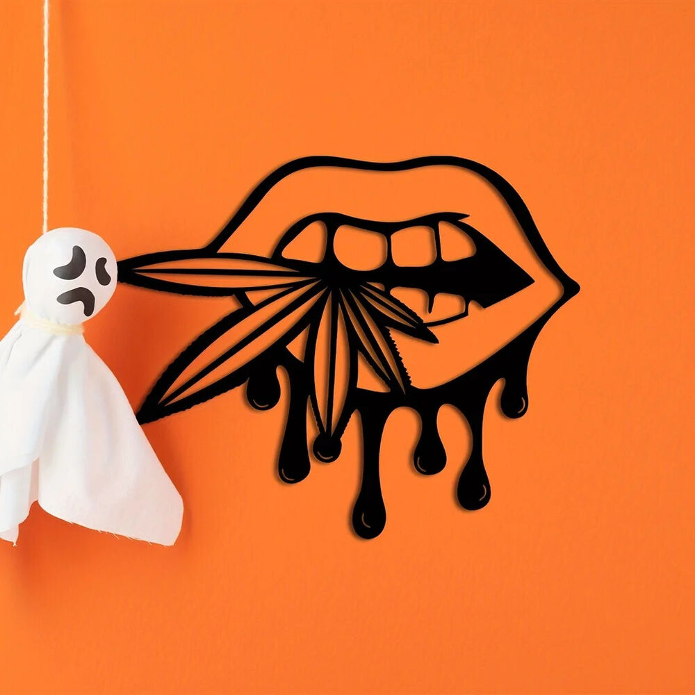Metal Lips Bitting Weed Leaf Halloween Decor, Halloween Metal Garden