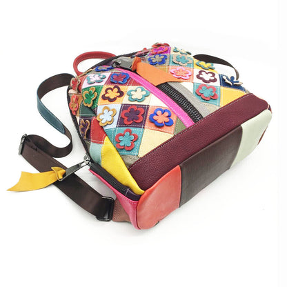 New Designer Cow Leather Colorful Floral Patchwork Women's Backpack Travel Bag