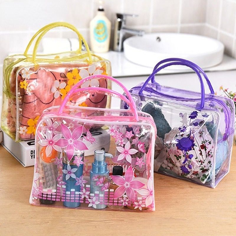 Floral Transparent Cosmetic Bag Travel Makeup Wash Clear Handbag Waterproof Bags