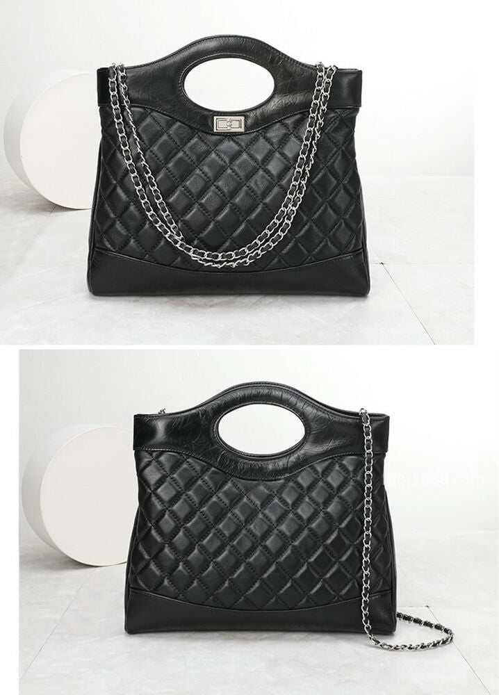 Quilted Sheepskin Real Leather Tote Purse Handbag Shoulder Bag Fashion w/ Chains