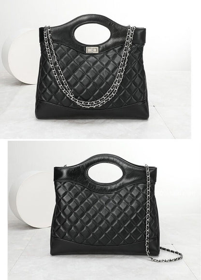 Quilted Sheepskin Real Leather Tote Purse Handbag Shoulder Bag Fashion w/ Chains