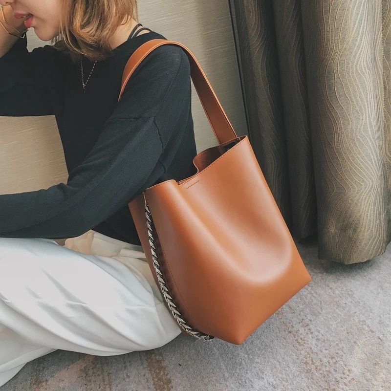 Shoulder Bag Large Capacity Chain Bucket Handbags Leather Women Purse 27*20*18CM