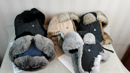 Men Bomber Hats Natural Real Rabbit Fur Outdoor Windproof Super Warm Cap 55-62cm