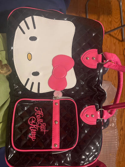 Black Hello Kitty PVC Shiny Stitched Bow Handbag Cute girl Duffle Bag Suitcase