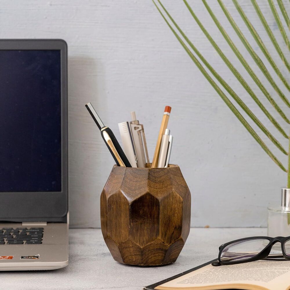 Wooden Geometric Pen Holder for Desk Pencil Cup Stand Desktop Organizer Makeup