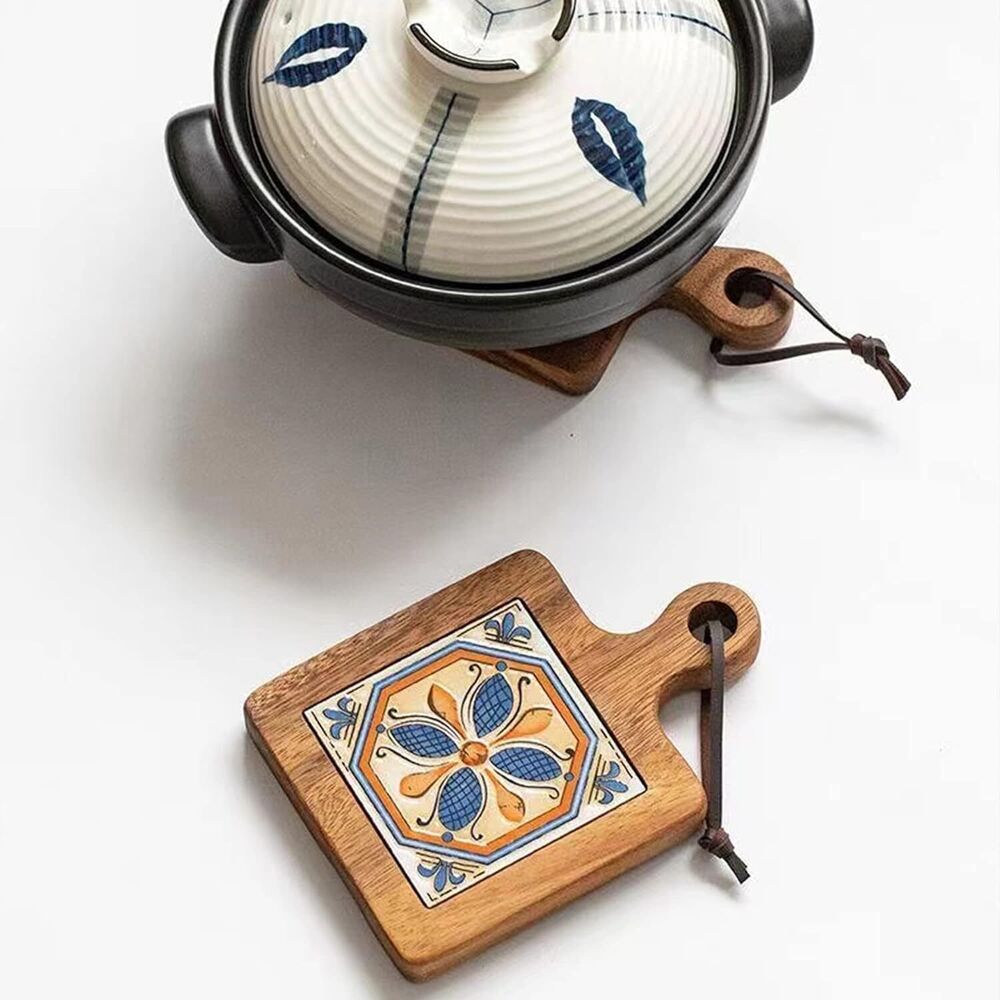 Wooden Inlay Ceramic Tiles Mats Rack High Temperature Trivet Pot Holders Pads