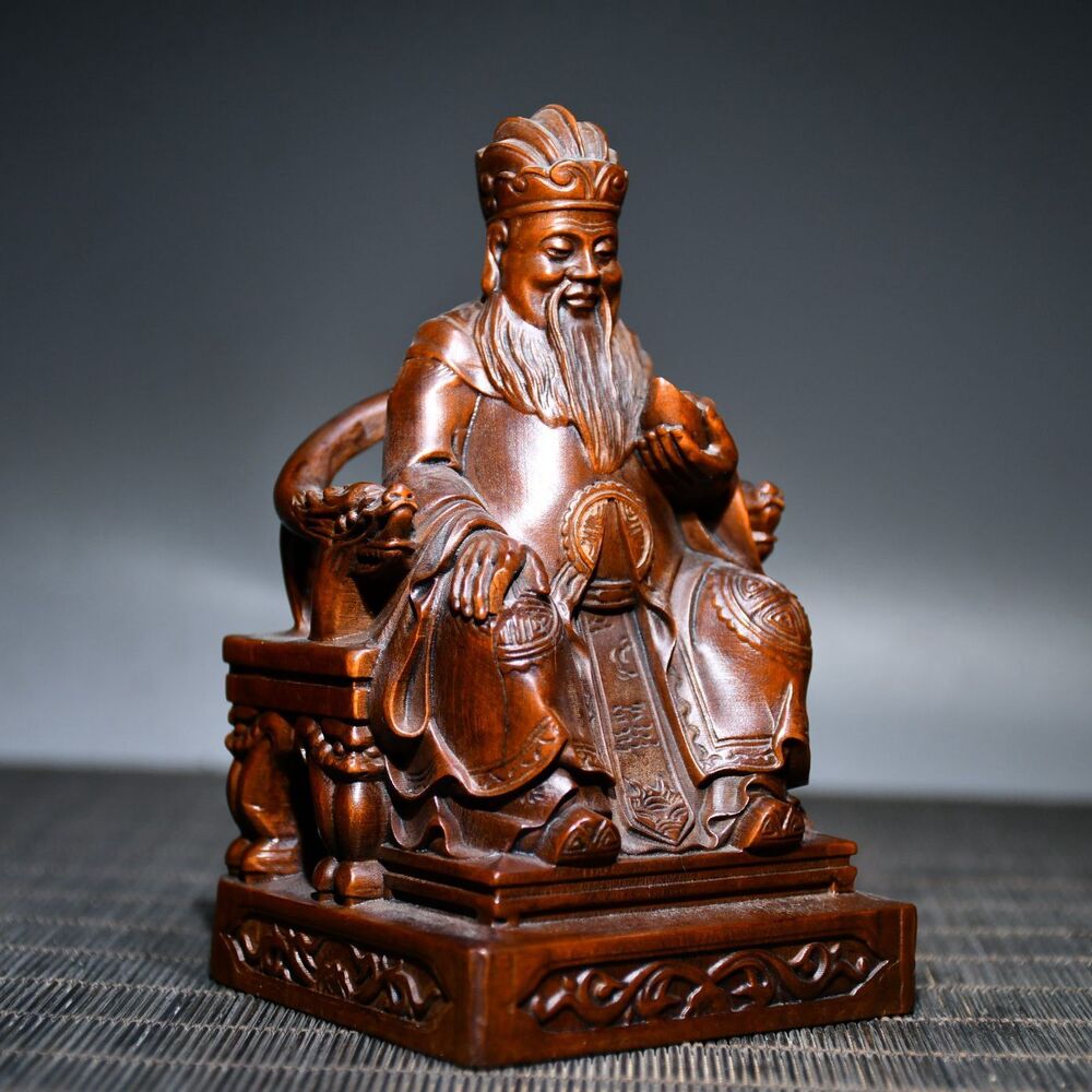 Vintage Chinese Boxwood Carving Mammon Statue Ornaments Wooden Figurine Artwork