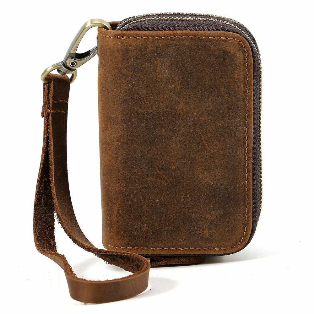 Unisex Cow Leather Key Card Holder Bag Small Wallet Zip Around Brown Coin Purse