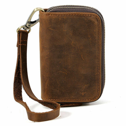 Unisex Cow Leather Key Card Holder Bag Small Wallet Zip Around Brown Coin Purse