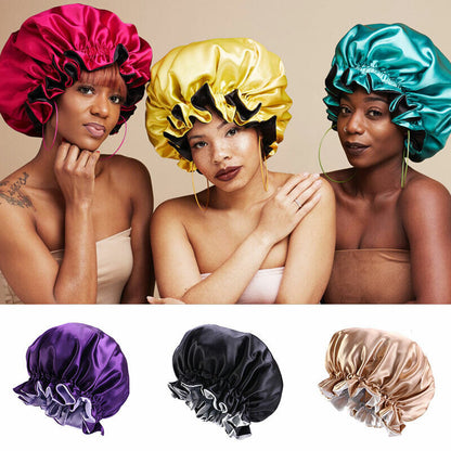 Silk Night Sleep Cap Hair Bonnet Hat Satin Wide Band Large Jumbo Head Cover Size