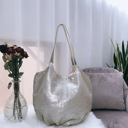 Women Shoulder Bag Large Capacity Sequin Diagonal Soft Handbag Polyester 22x26cm