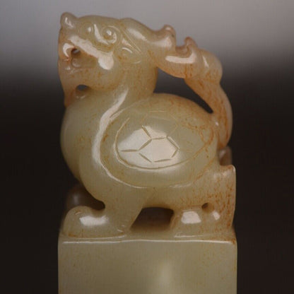 Antique Chinese Natural Hetian Jade Carving Dragon Turtle Seal Statue Sculpture