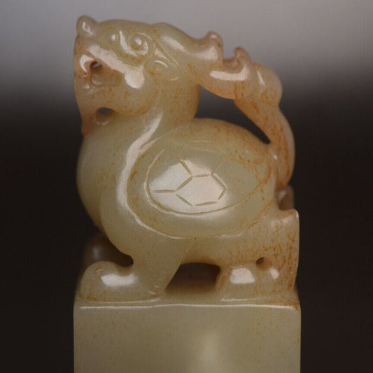 Antique Chinese Natural Hetian Jade Carving Dragon Turtle Seal Statue Sculpture