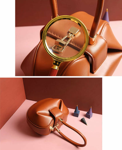 Real Leather Wonton Round Pouch Clutch Purse Top Handle Tote Handbag Grab Bag