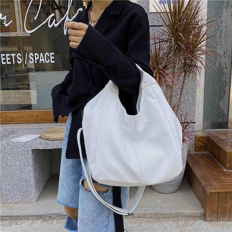 White Synthetic Leather Half Moon Bags Large Hobo Shopper Bag Soft Crossbody 1PC