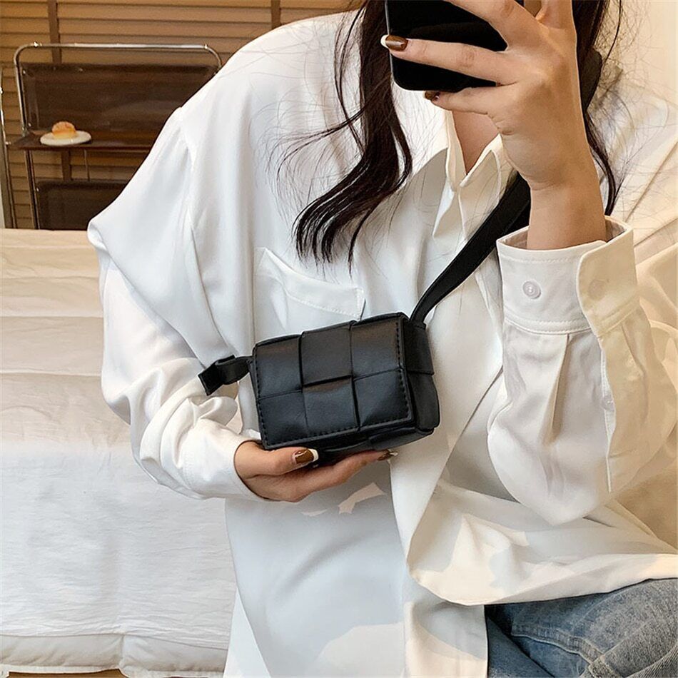 Mini Ladies Square Weave Bag PU Leather Shoulder Crossbody Bags Women Handbags