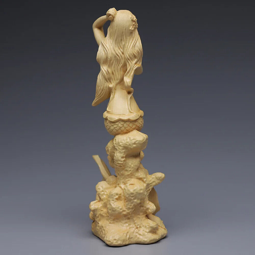 Huangyang Carved Mermaid Solid Wood Carved Crafts Office Beauty Figure statues