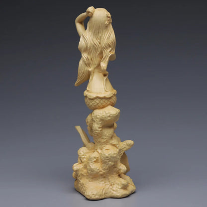 Huangyang Carved Mermaid Solid Wood Carved Crafts Office Beauty Figure statues