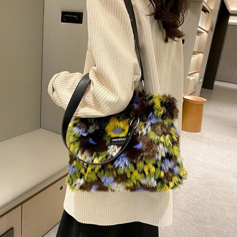 Women Shoulder Bags Female Winter Plush Bags Flower Bags Handbags