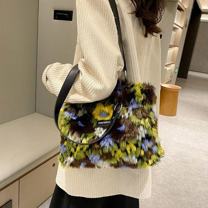 Women Shoulder Bags Female Winter Plush Bags Flower Bags Handbags
