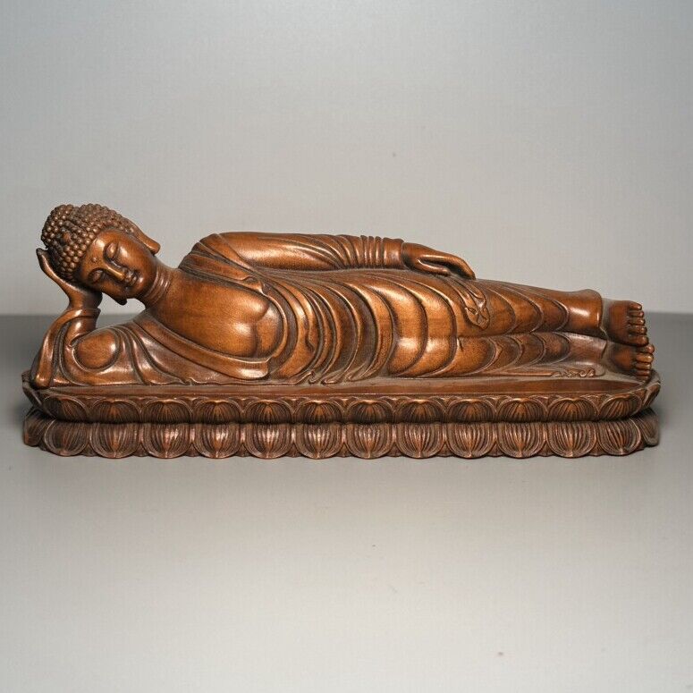 Vintage Chinese Boxwood Carving Reclining Buddha Statue Wooden Sculpture Artwork