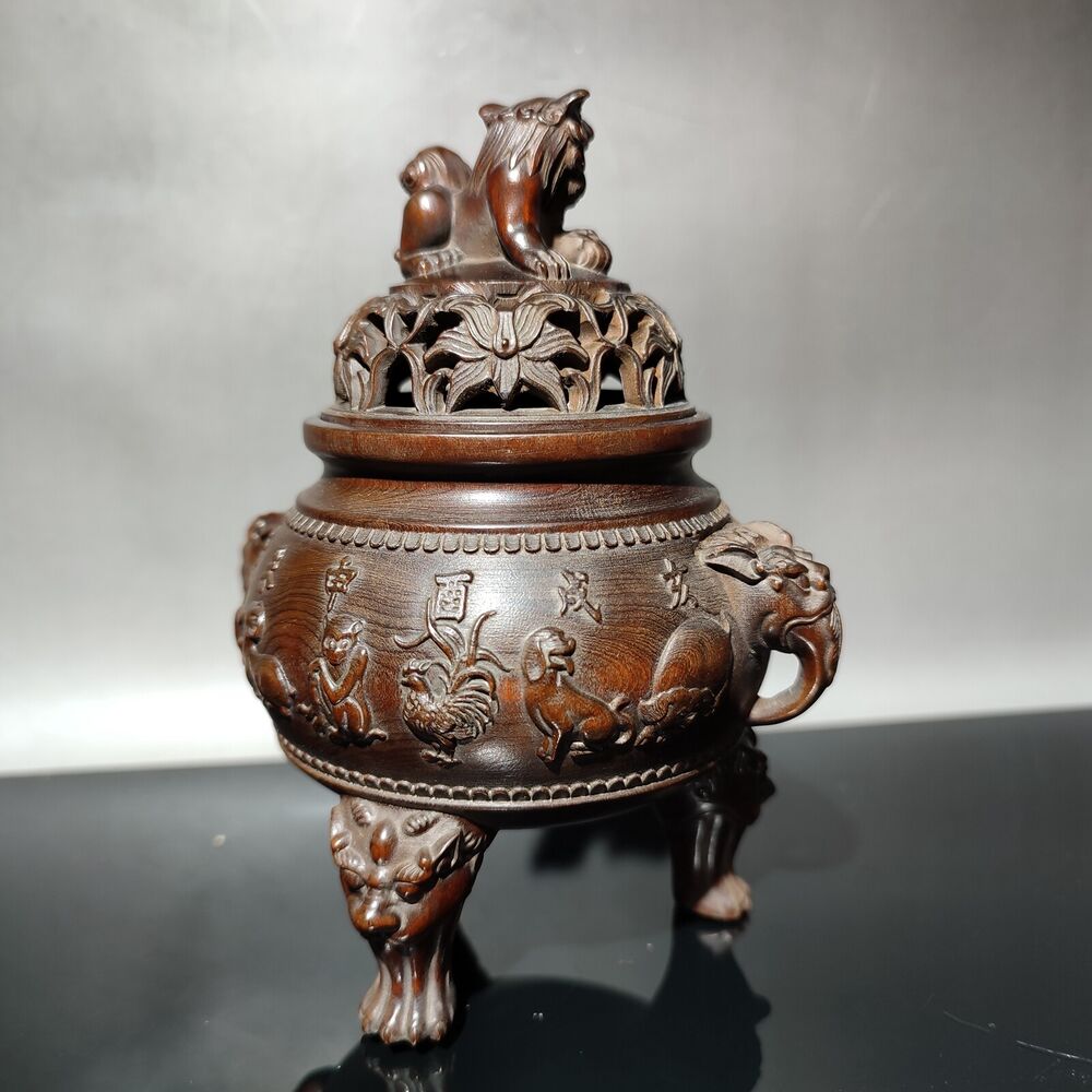 Boxwood Tripod Censer buddha incense holder lion statue Animal figurines antique