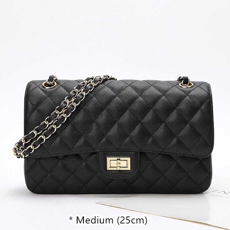 Quilted Real Leather Caviar Effect Double Flap Shoulder bag Handbag Purse Chains