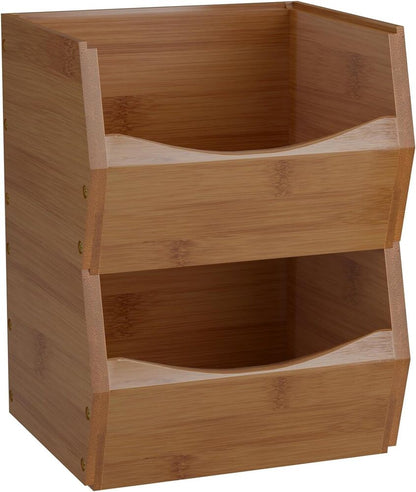 Open Front Stackable Storage Bins Bamboo Kitchen Counter Organizer 2 Pack