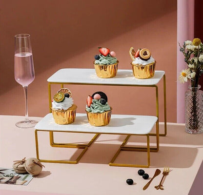 Cake Stand Wrought Iron Golden White Ceramic Plate Snacks Dessert Cupcake Holder