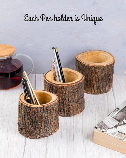 Rustic Wood Pencil Cup Pen Holder for Table Office Desktop Stationary Organizer