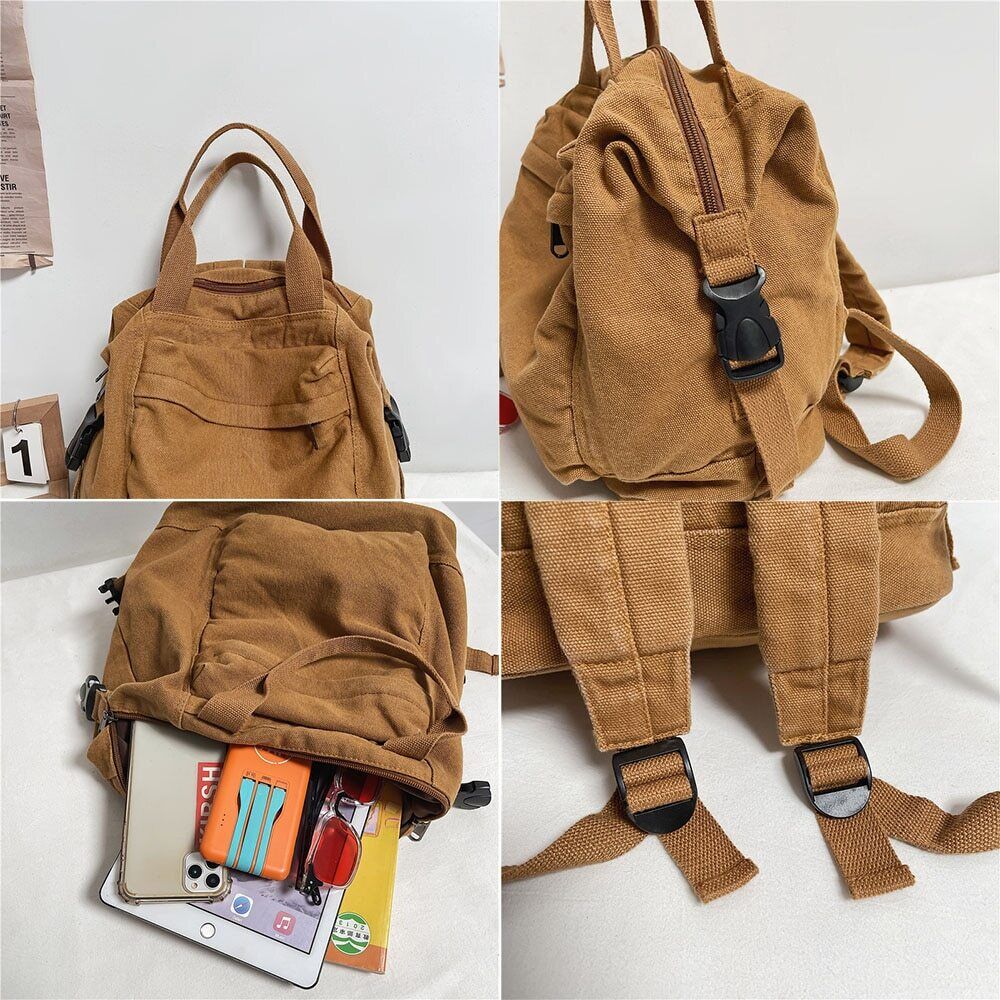 School Bag Student Shoulders Khaki Backpack Canvas Backpacks Female Bag
