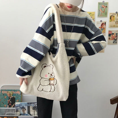 Canvas Purse Shoulder Bag Bear Embroider Crossbody Handbag Casual Shopper Bag