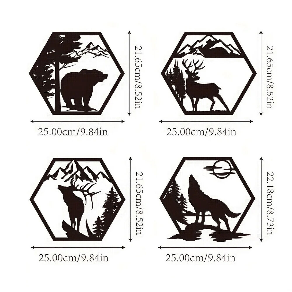 4pcs Decorative Frames Elk Deer Wolf Bear Hexagonal Metal Wall Sculpture Leaked