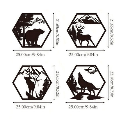4pcs Decorative Frames Elk Deer Wolf Bear Hexagonal Metal Wall Sculpture Leaked
