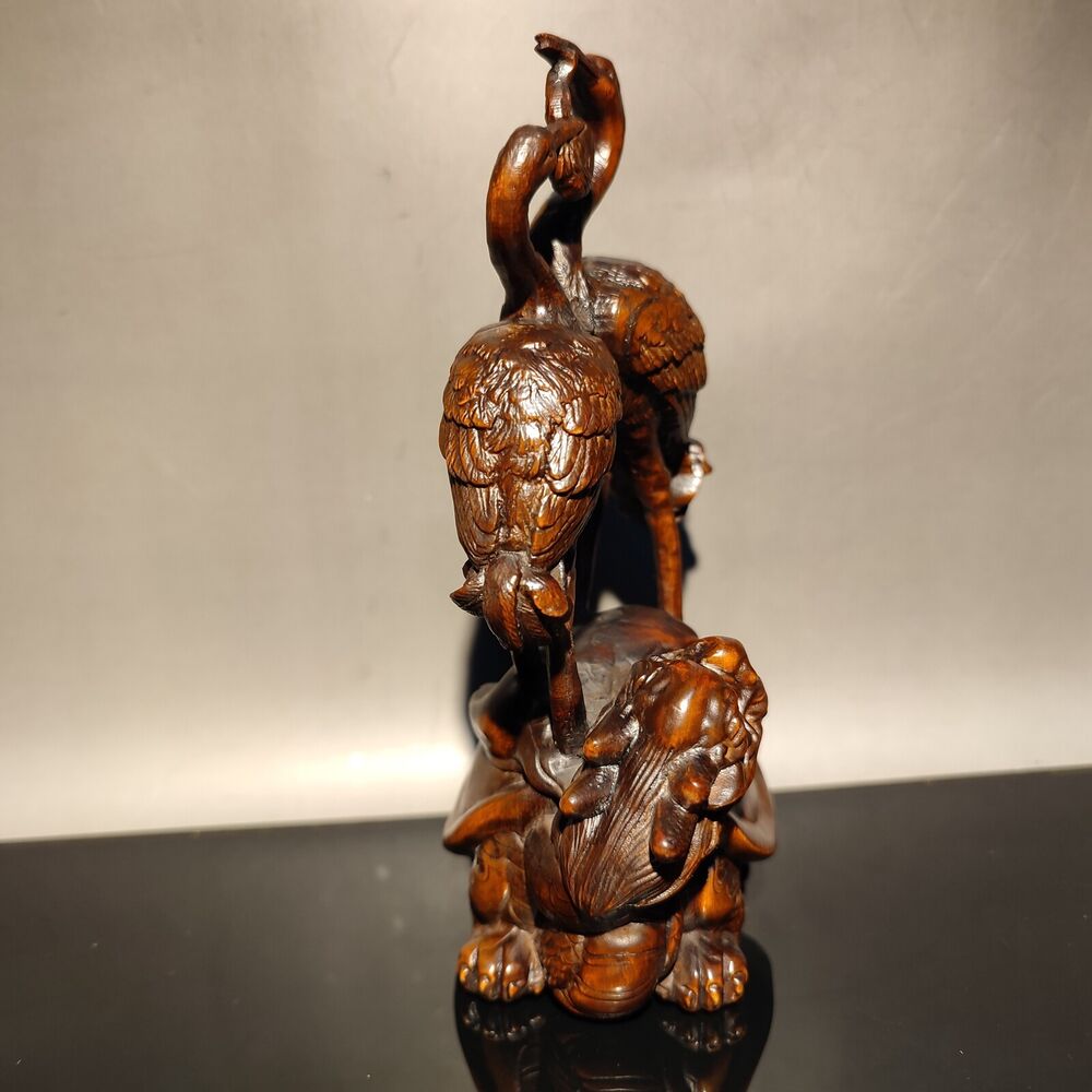 vintage carved wooden crane figurine wood statue Boxwood longevity Turtle gift