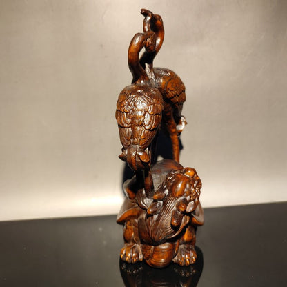 vintage carved wooden crane figurine wood statue Boxwood longevity Turtle gift