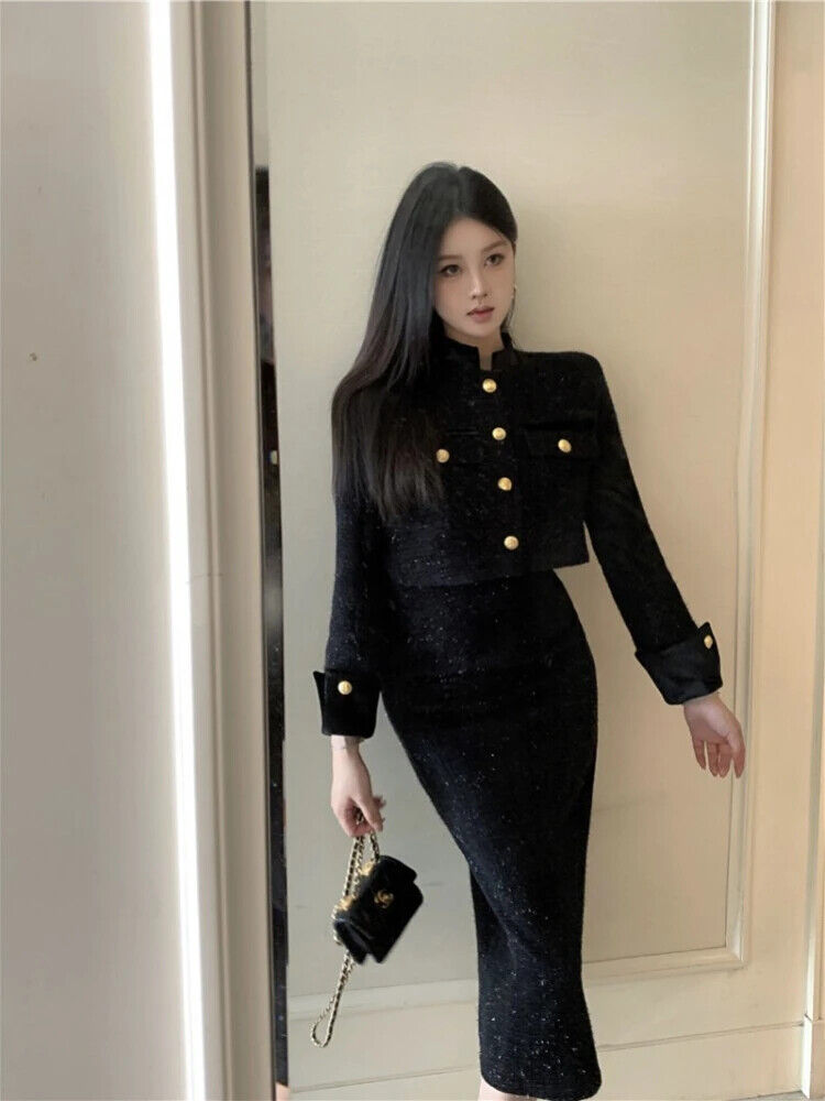 Two Piece Set Women Skirt 2023 Autumn Tweed Jacket Midi Pencil Skirt