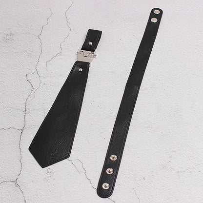 Women Cool Neck Tie Leather Black Metal Split Joint Fashion Tide All-Matches Tie