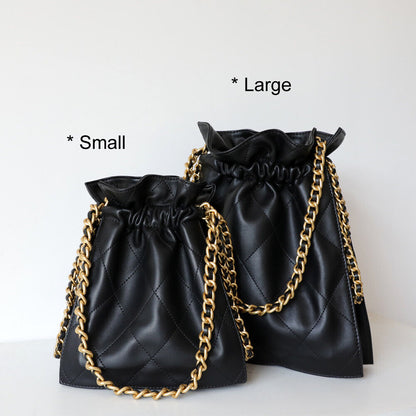Quilted Real Leather Gold Chain Drawstring Bucket Bag Shoulder Purse Crossbody