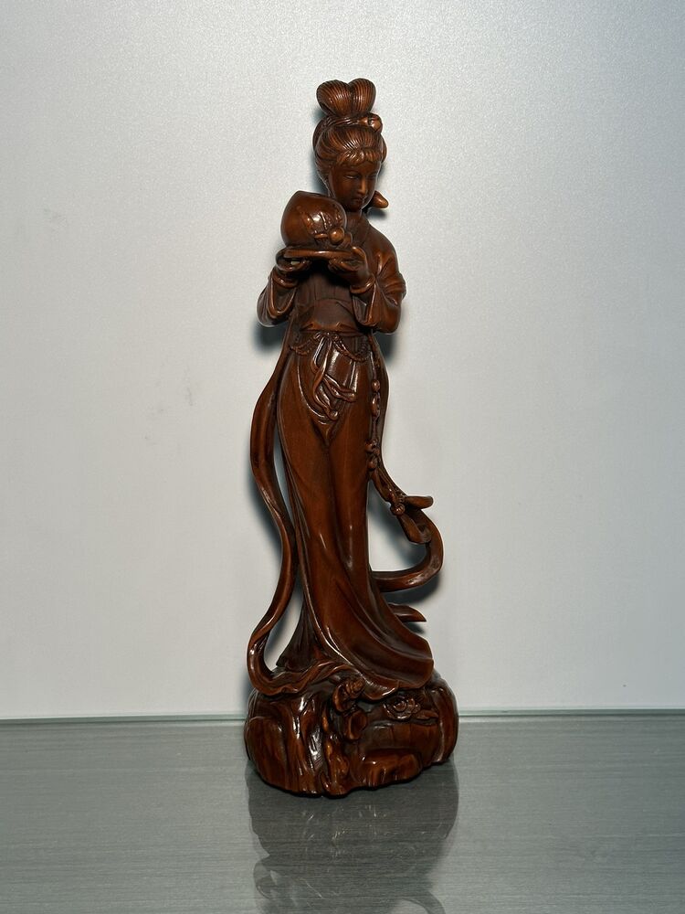 Old Chinese Boxwood Carving Pretty Woman Statue Woodwork Sculptures Collection