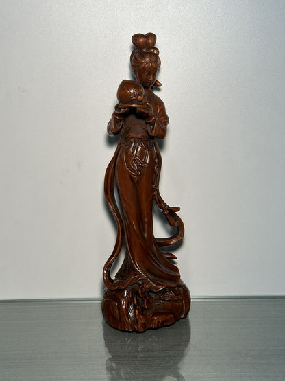 Old Chinese Boxwood Carving Pretty Woman Statue Woodwork Sculptures Collection