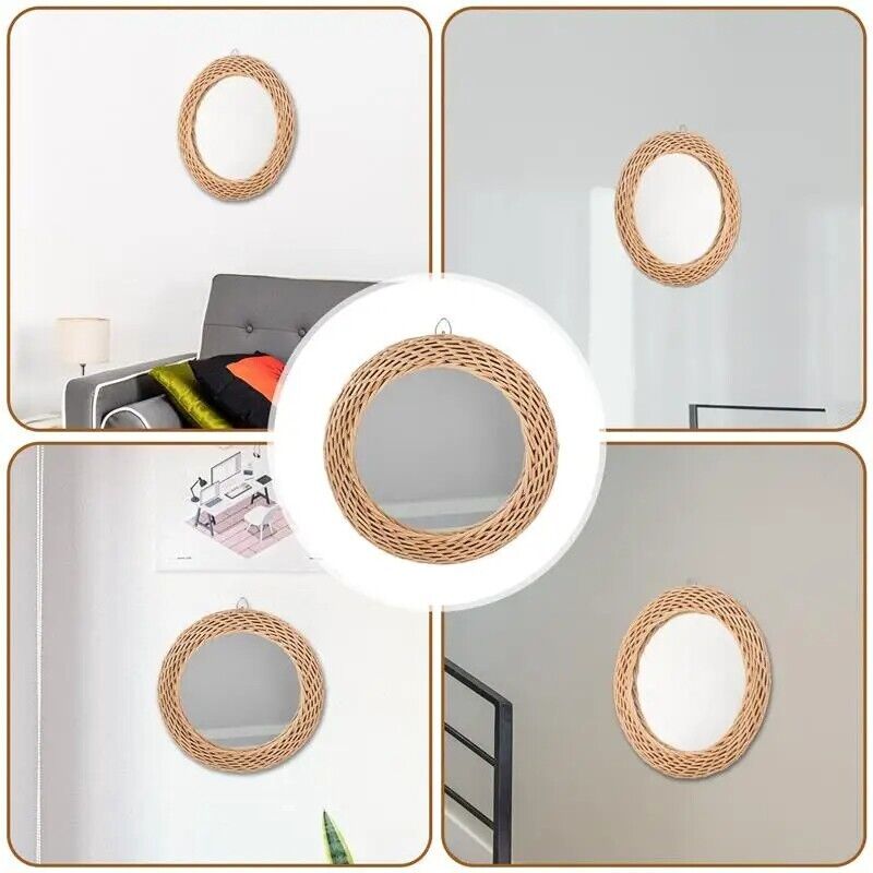 Wall Hanging Mirrors Rustic Rattan Bedroom Bathroom Woven Photo Prop 28x28x2.7cm