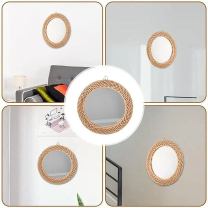 Wall Hanging Mirrors Rustic Rattan Bedroom Bathroom Woven Photo Prop 28x28x2.7cm