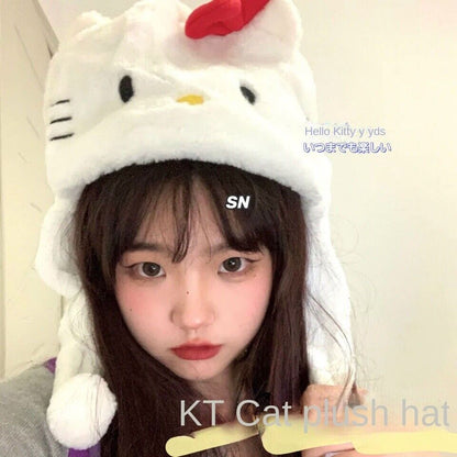 Kuromi Cinnamoroll Hello Kitty Plush Hat Girls Winter Warm Plush Hat Ear Cap NEW